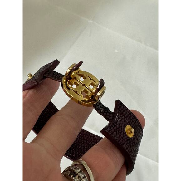 Tory Burch Purple Snakeskin with gold Logo Statement Cuff Bracelet - Picture 9 of 12